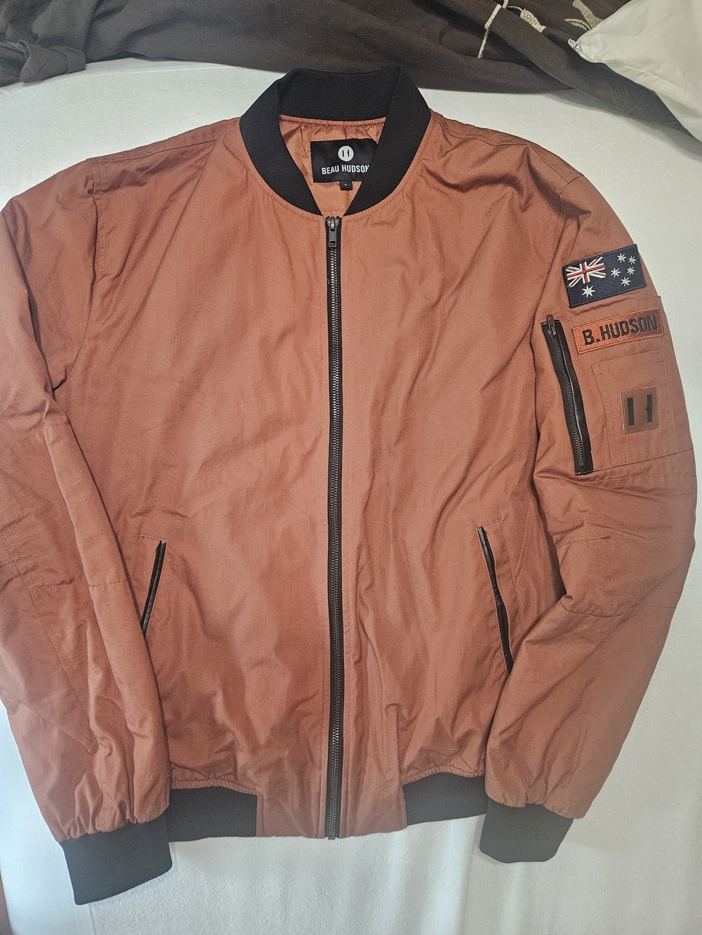 Large Mens Beau Hudson Orange Outback Bomber Jacket with Black Trim